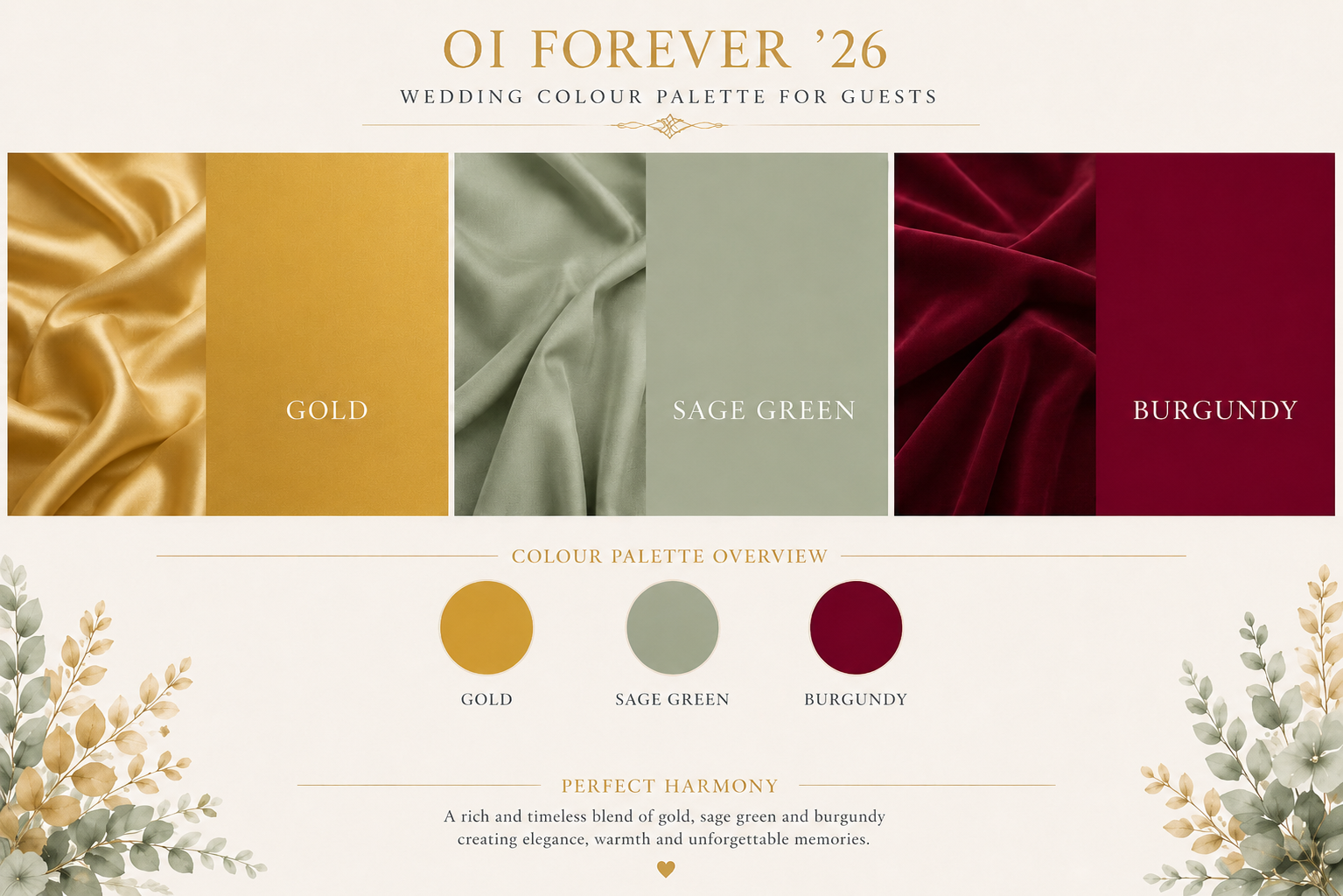OI Forever'26 wedding colour palette for guests: gold, sage green, and burgundy.